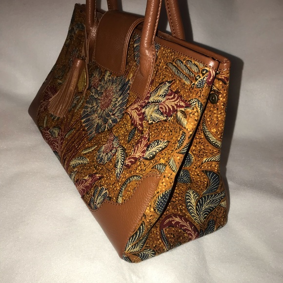 Brand new brown leather ethnic Batik Tote Bag - Picture 3 of 8